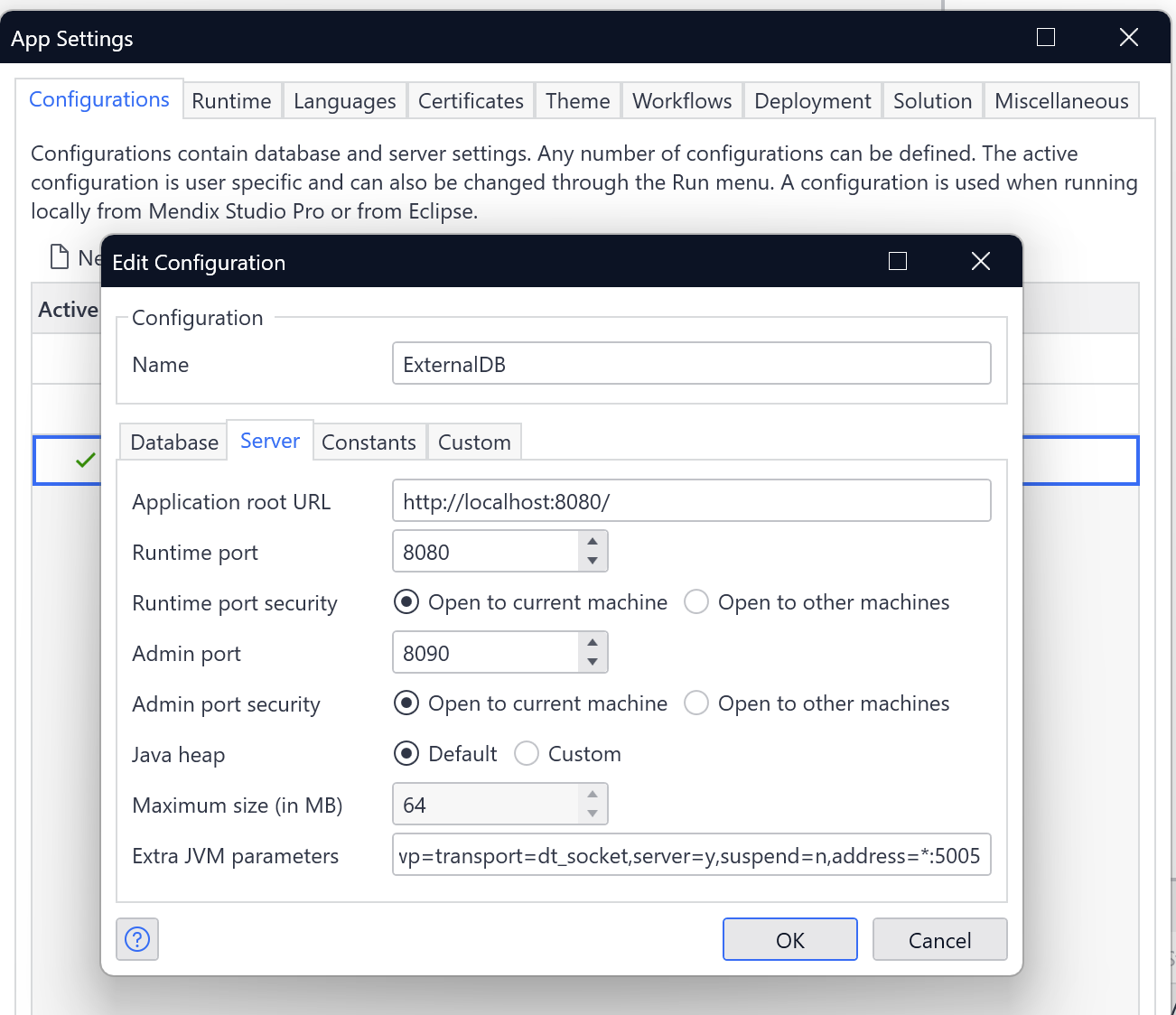 Mendix Project Remote Debug config